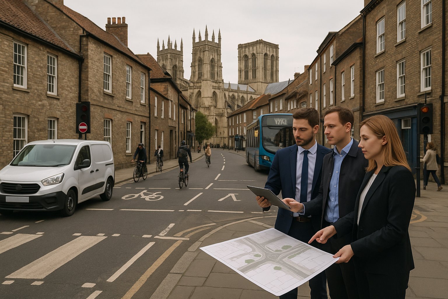 Transport planners assessing York’s historic street layout with buses, cyclists and pedestrians.