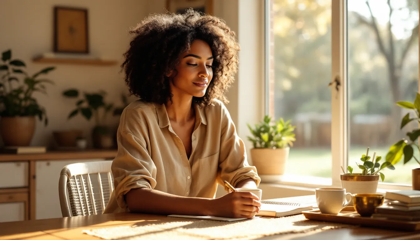 Woman working calmly at a sunlit desk with tea and journal.