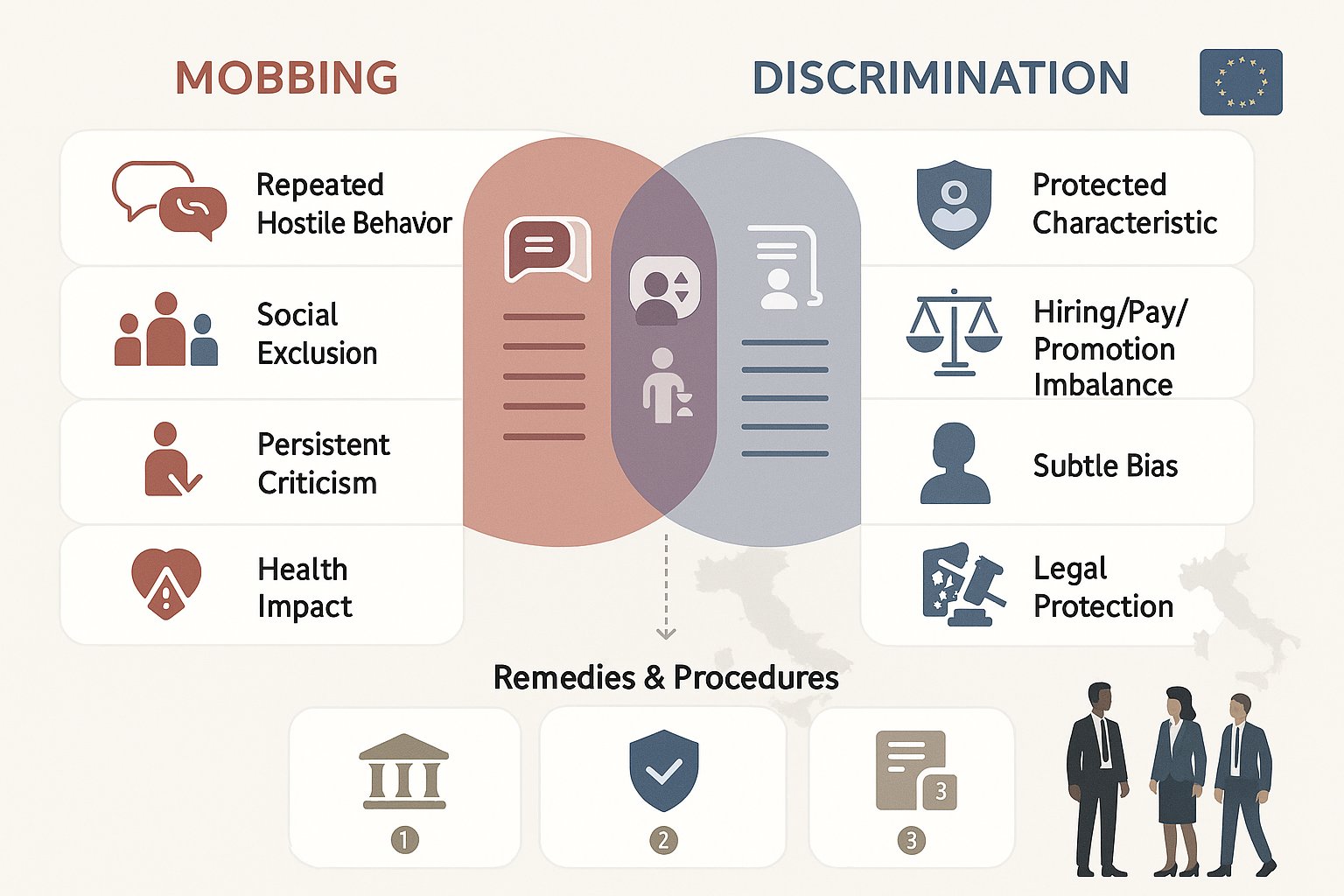 Infografica in stile Venn che confronta mobbing e discriminazione sul posto di lavoro in Italia.