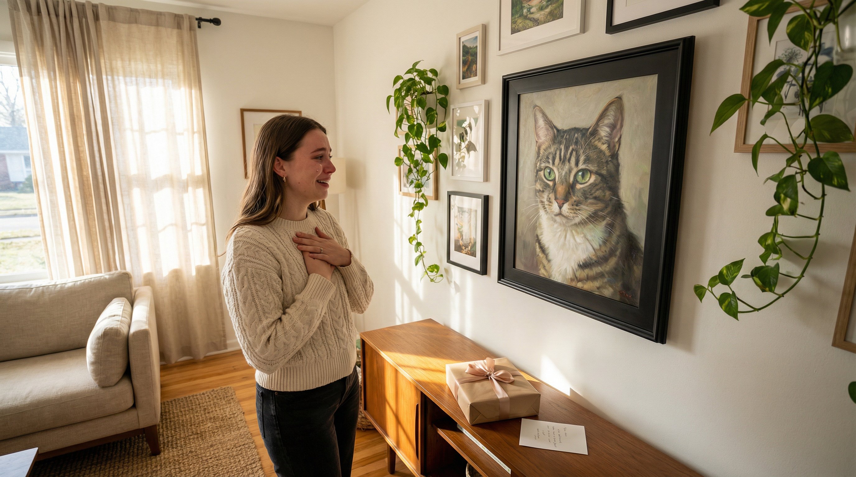 Woman admiring a framed custom cat portrait on a cozy living room wall.