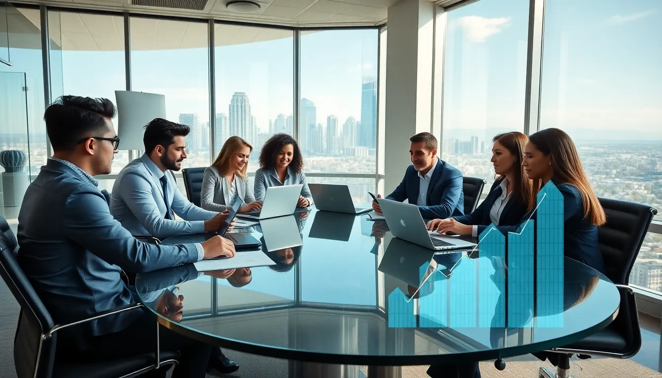 diverse business team discussing economic trends in a modern office.