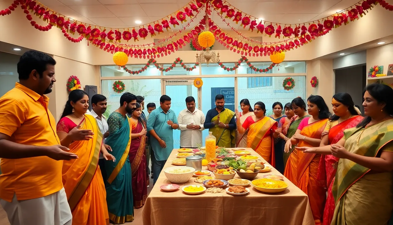 Telugu community celebrating Pongal in a vibrant, festive environment.