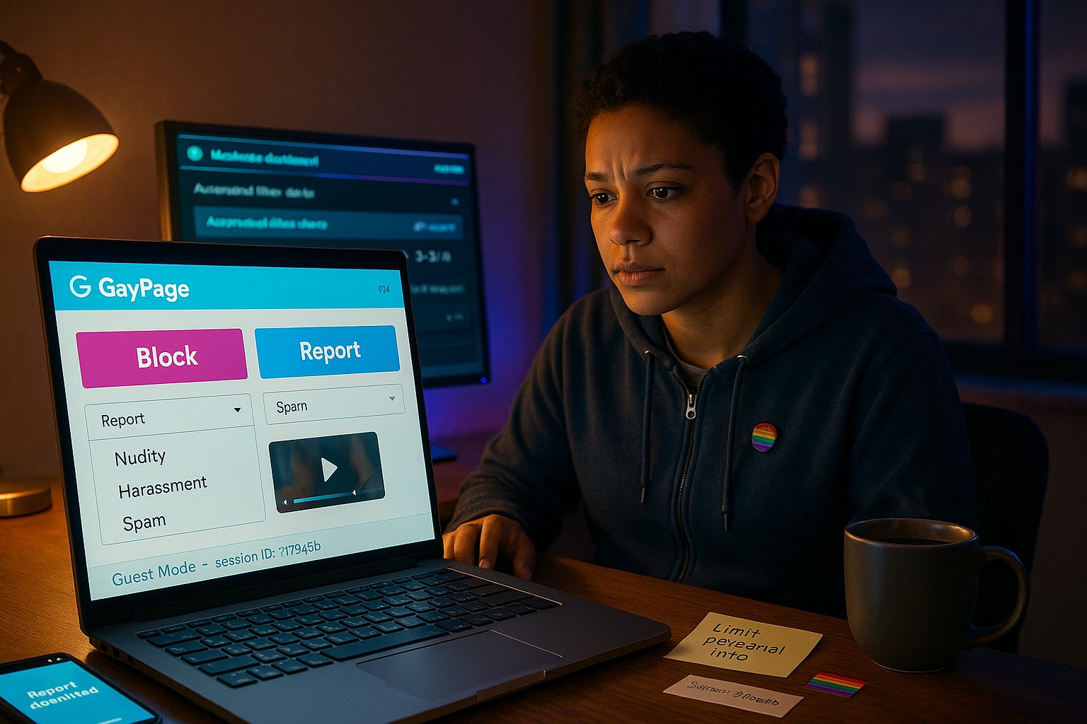 Person at laptop using GayPage with visible report and block buttons.