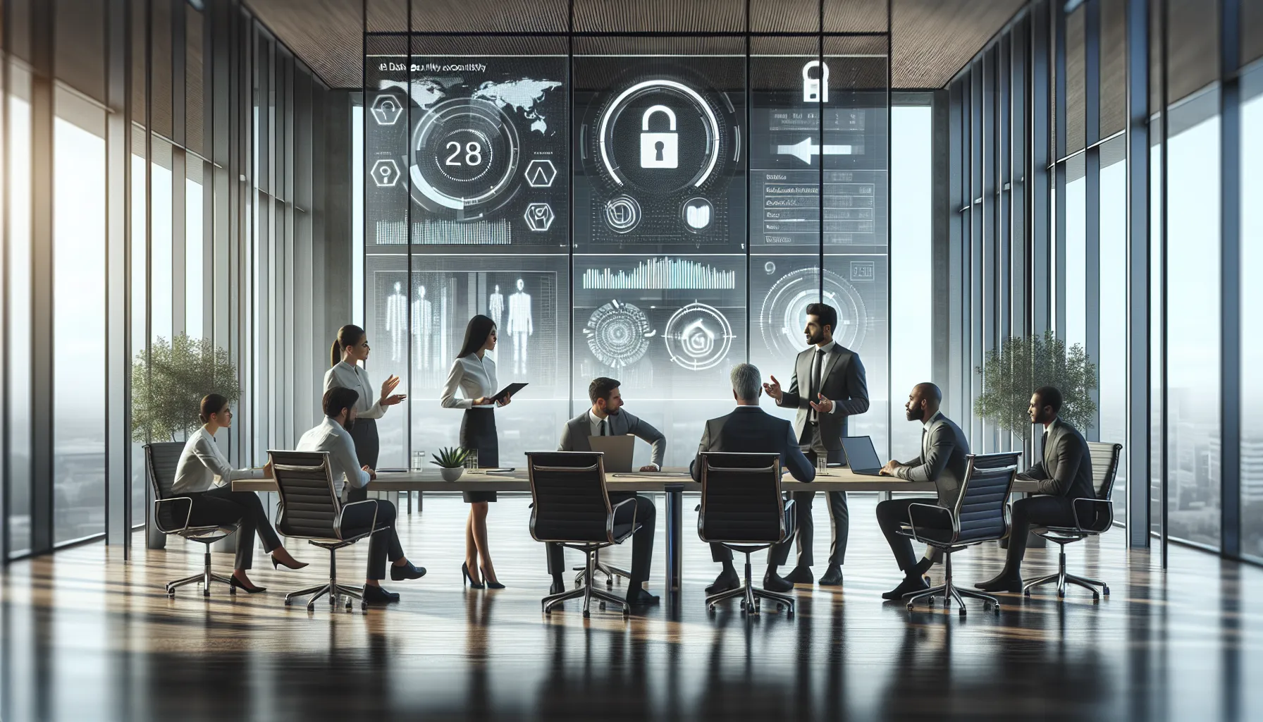 diverse team discussing data security in a modern office.