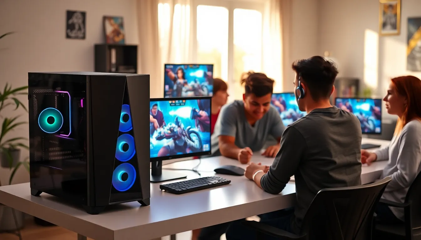 Diverse group of gamers at a modern gaming PC setup.