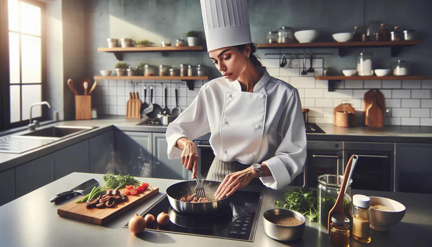 chef preparing ingredients for cooking in a modern kitchen.