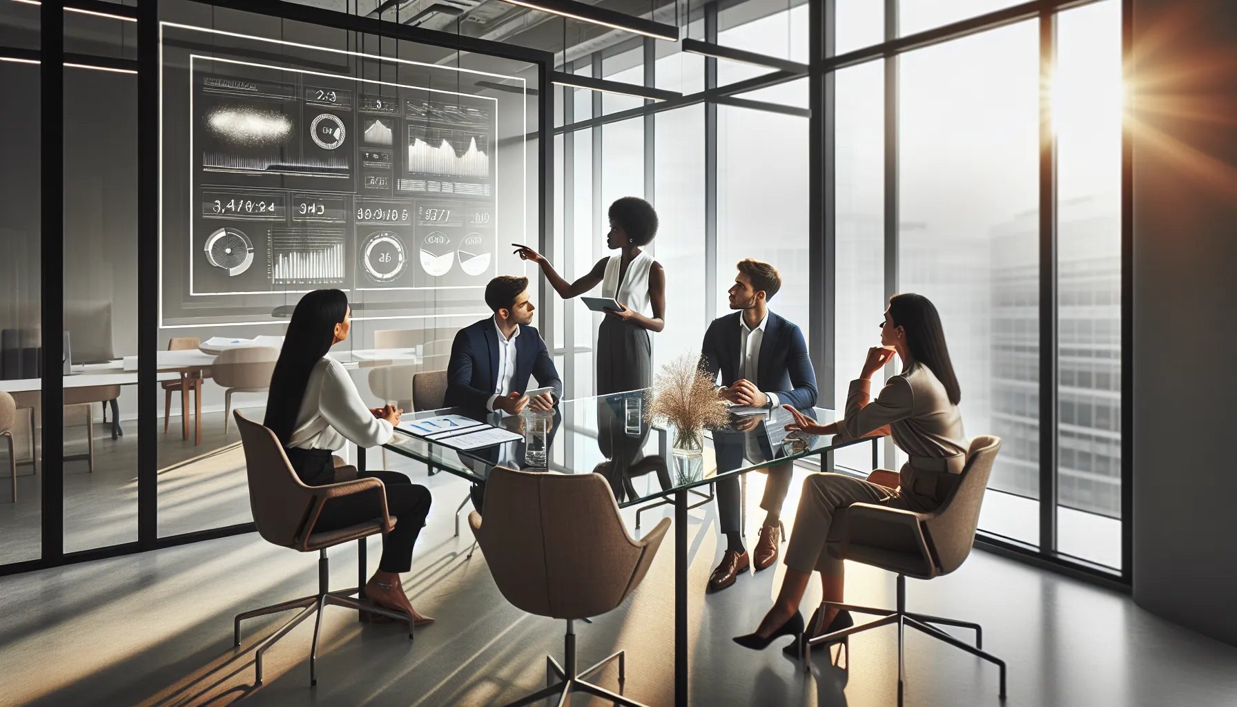 diverse professionals discussing personal relationships and numbers in a modern office.