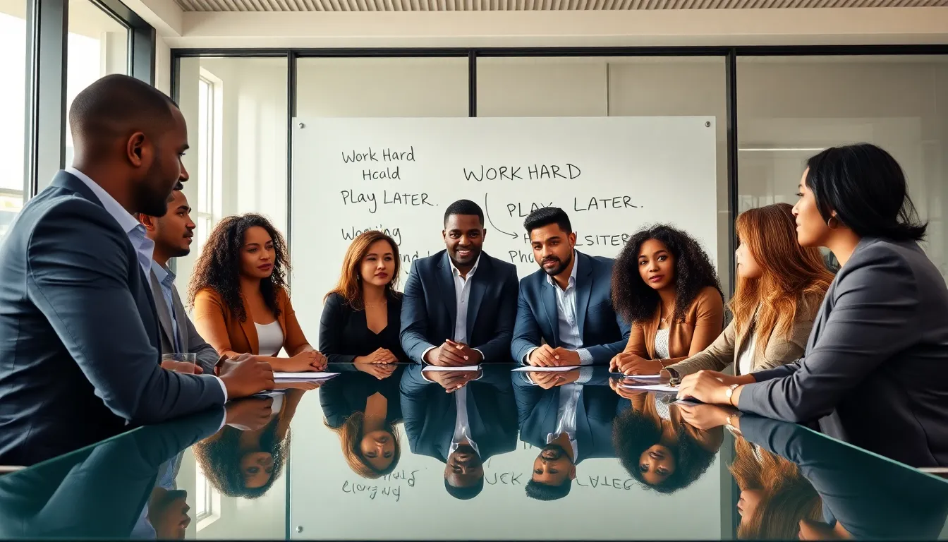diverse professionals in a modern office discussing hustle culture.