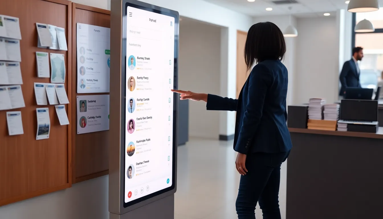 Person using a backlit interactive directory kiosk in a bright co-working lobby.