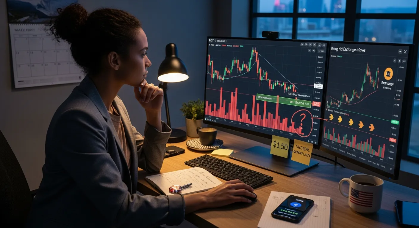 Trader studying DOT chart with RSI at 20–30 and $1.50 target circled.