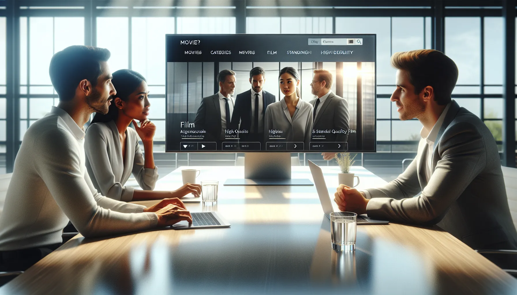 professionals discussing a movie streaming website in a modern office.