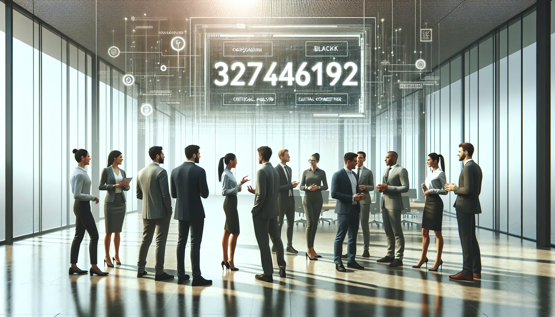 diverse professionals discussing a number in a modern office setting.