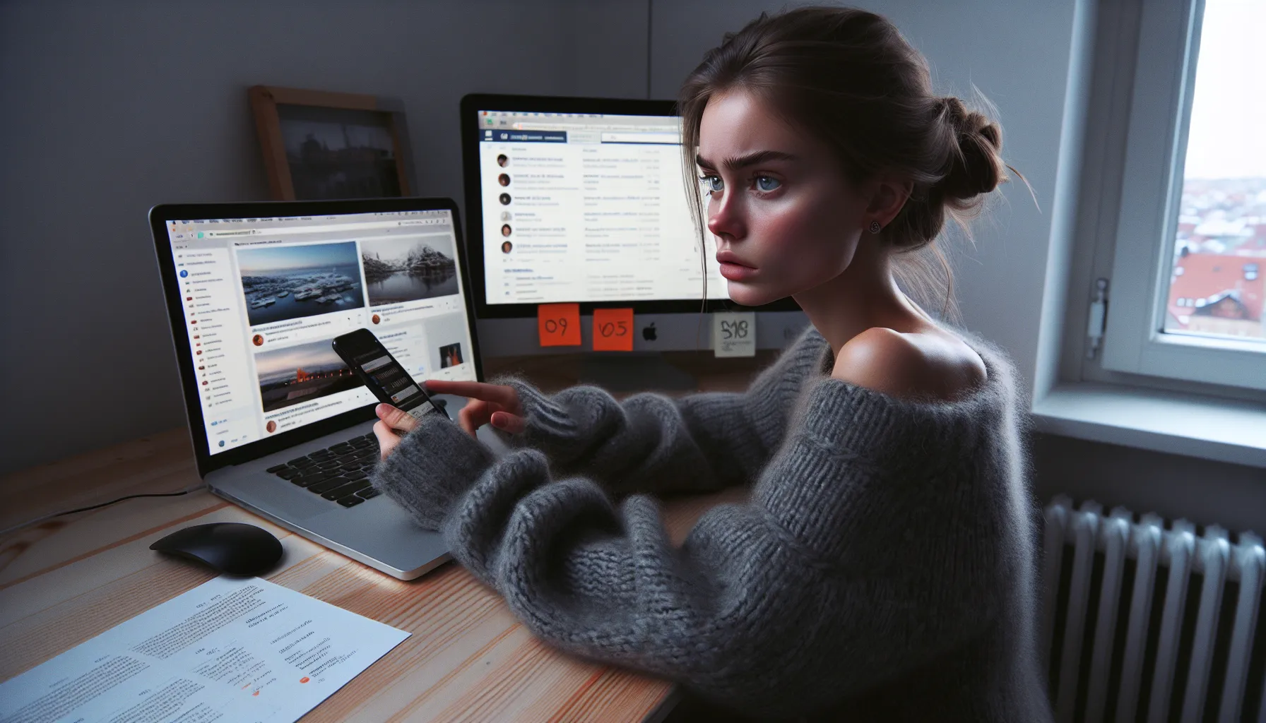 Young woman in oslo compares social media highlights with grades on laptop.