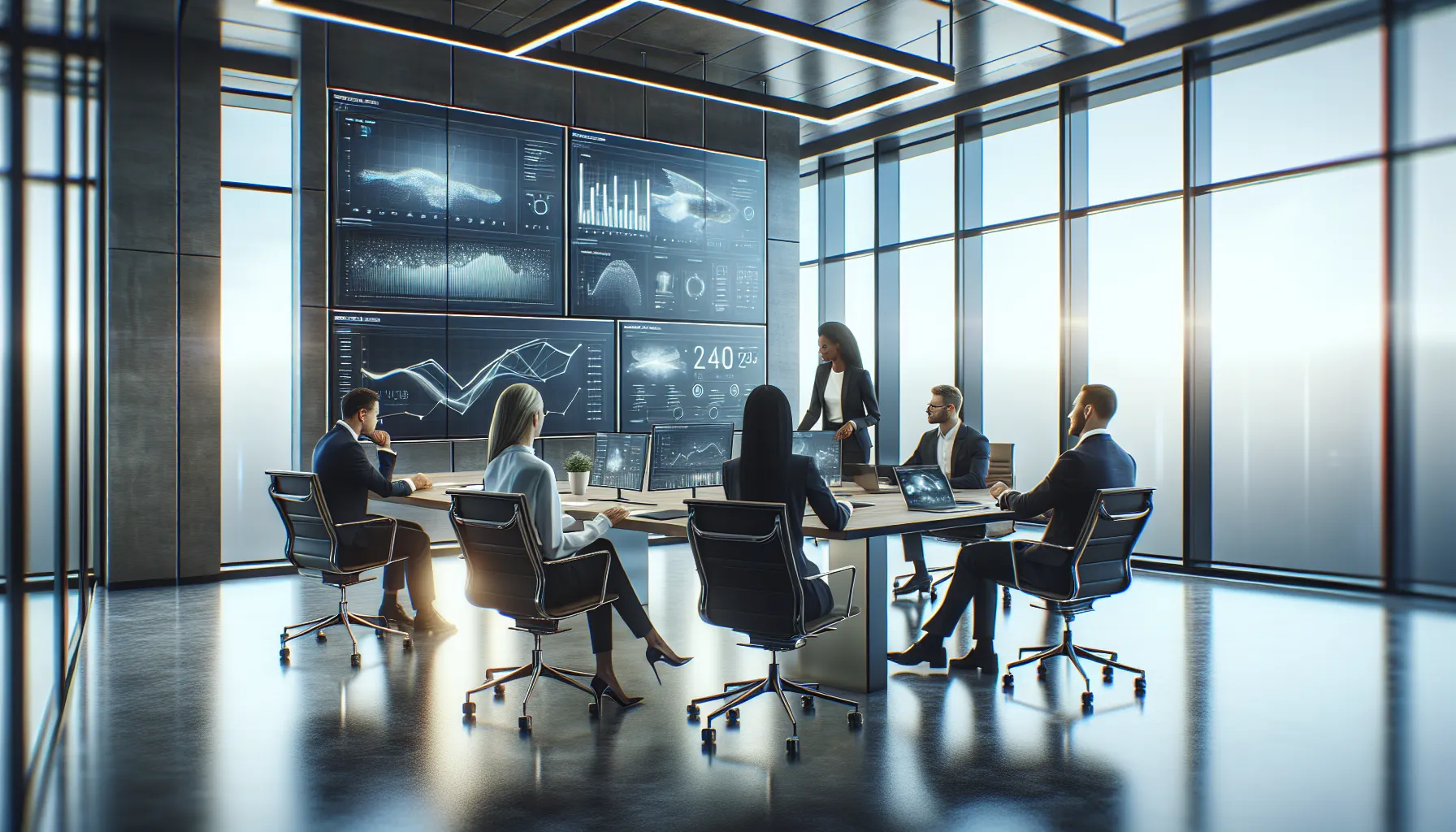 diverse team discussing 4bv085 software in a modern office.