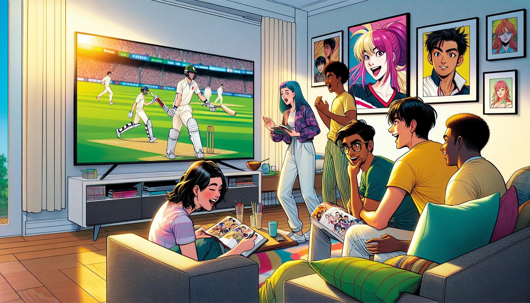 young adults watching anime and cricket in a lively living room.