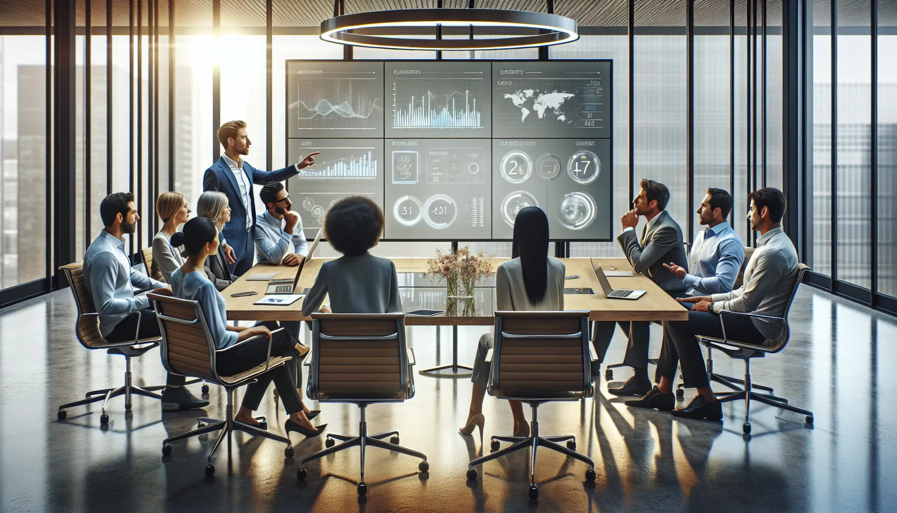 diverse team discussing data analytics in a modern office.