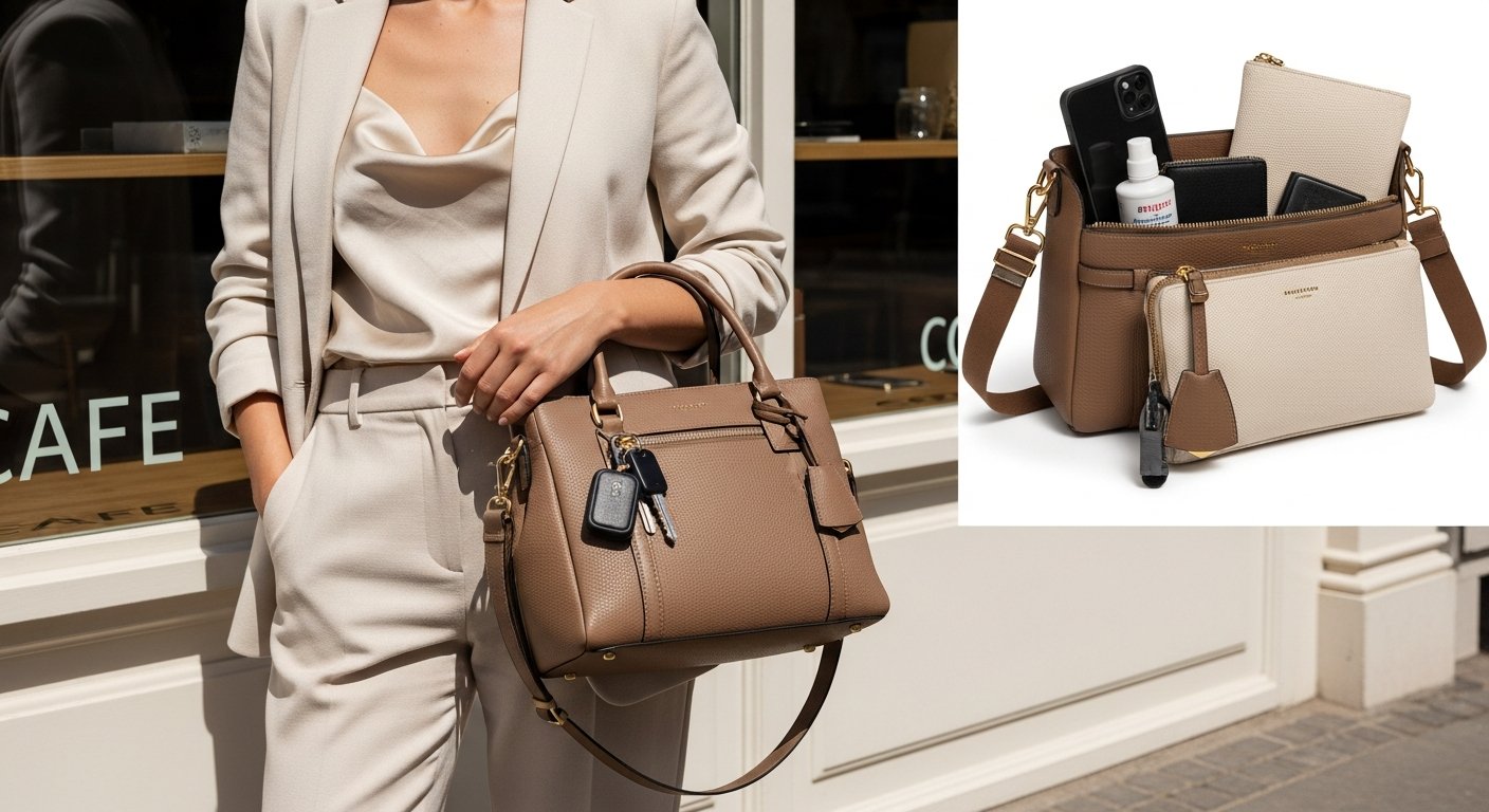 Stylish mom with a practical designer handbag in a modern city setting.