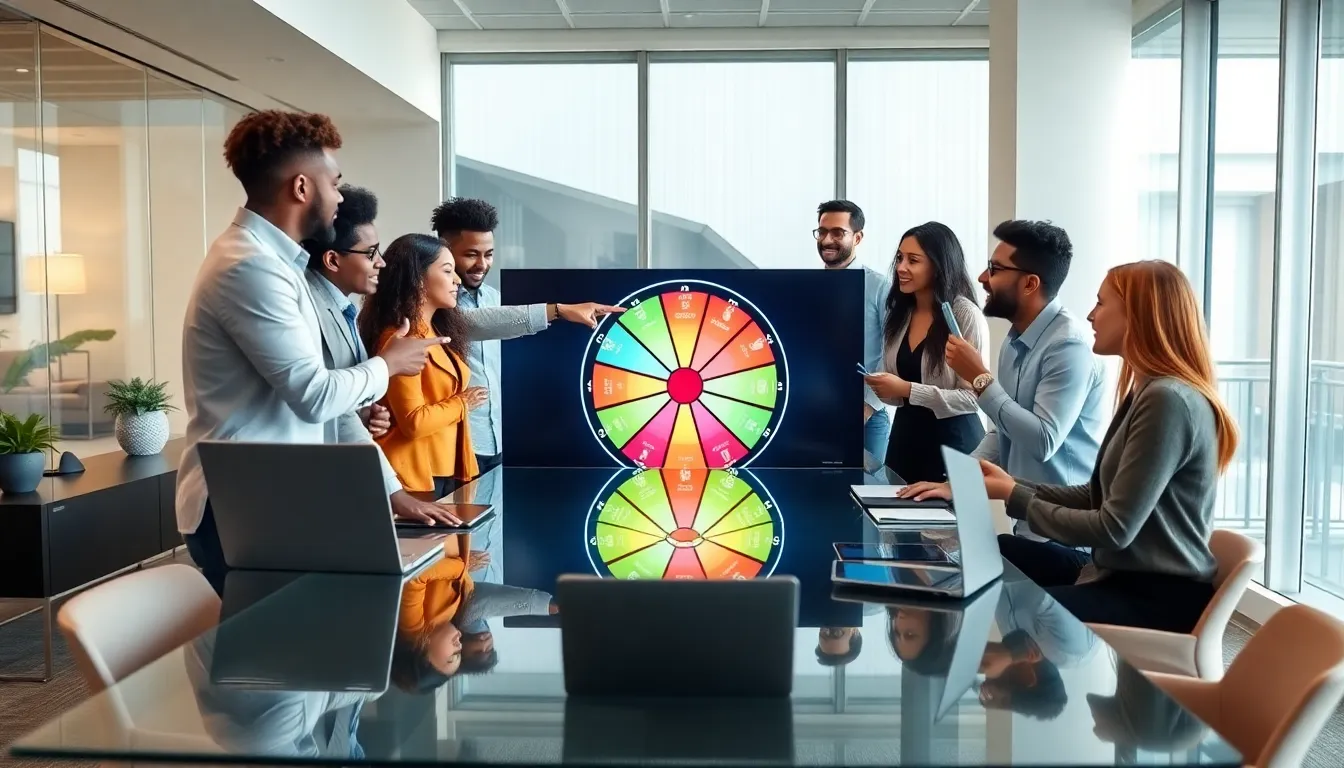 diverse team discussing digital spin to win marketing in a modern office.