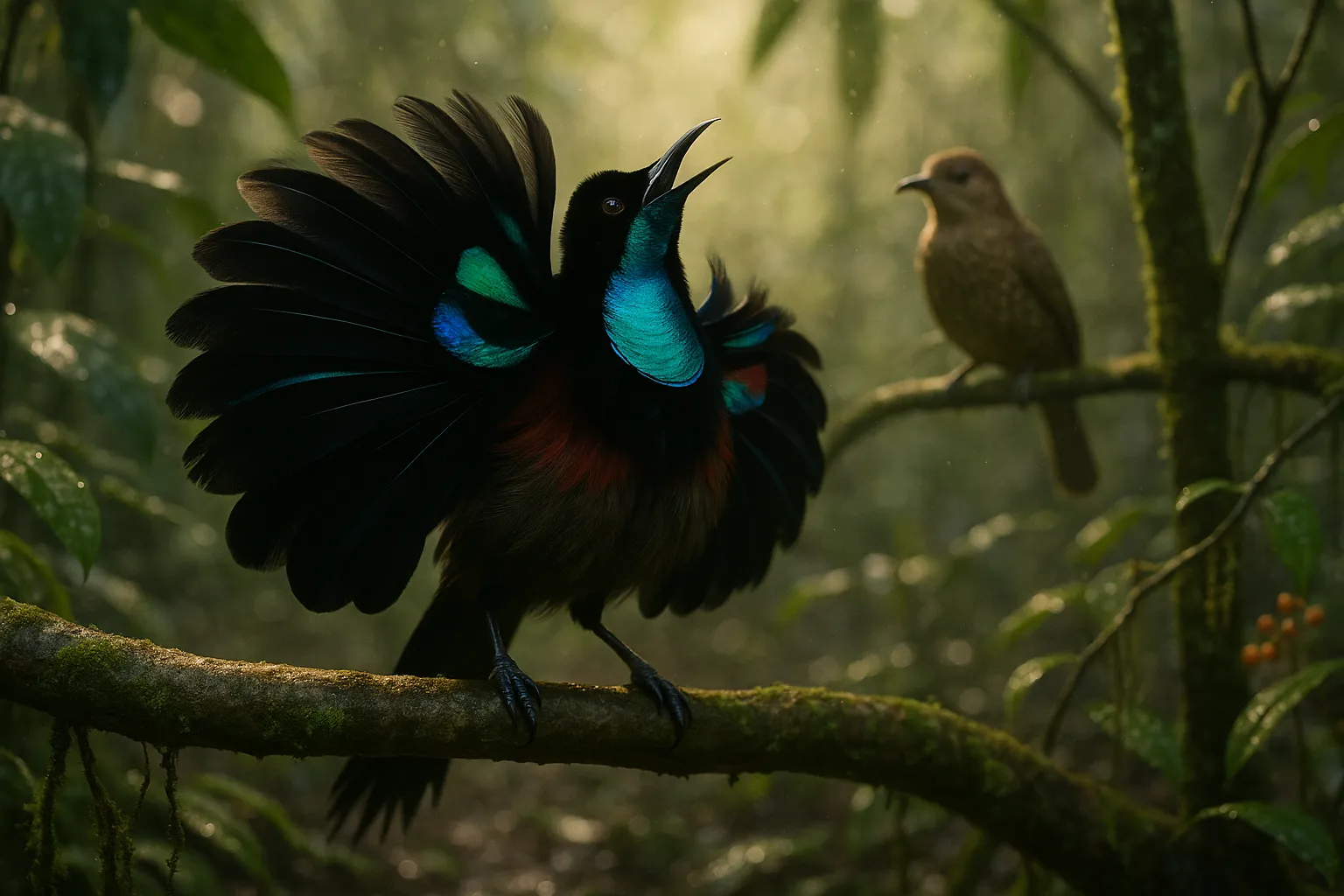 Male bird-of-paradise displaying on mossy branch while a female watches.