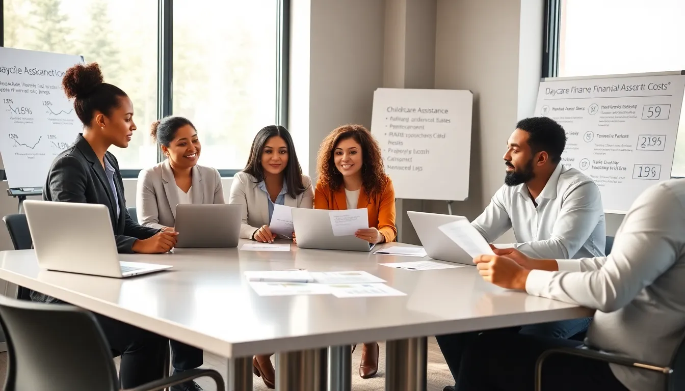 parents discussing daycare financial assistance in a modern office.