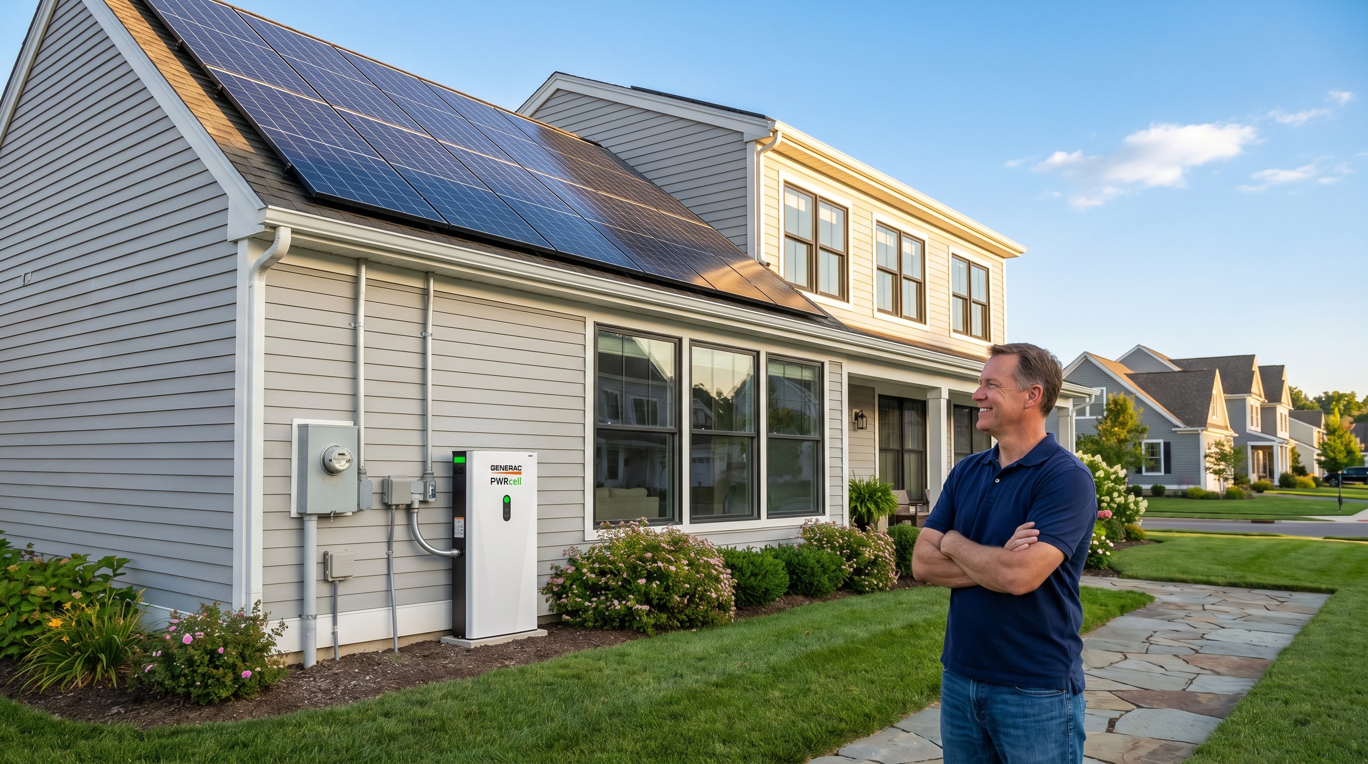 Generac PWRcell battery cabinet mounted on suburban home with solar panels on roof.