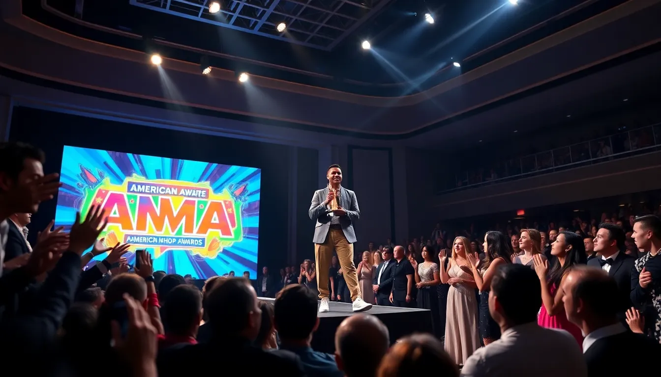 audience applauding a rapper receiving an award on stage at the AMAs.
