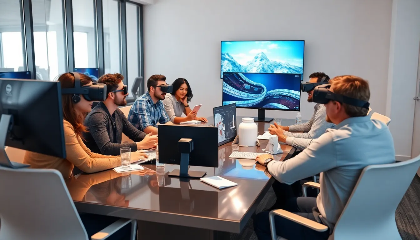 diverse team collaborating on virtual reality development at a modern office.