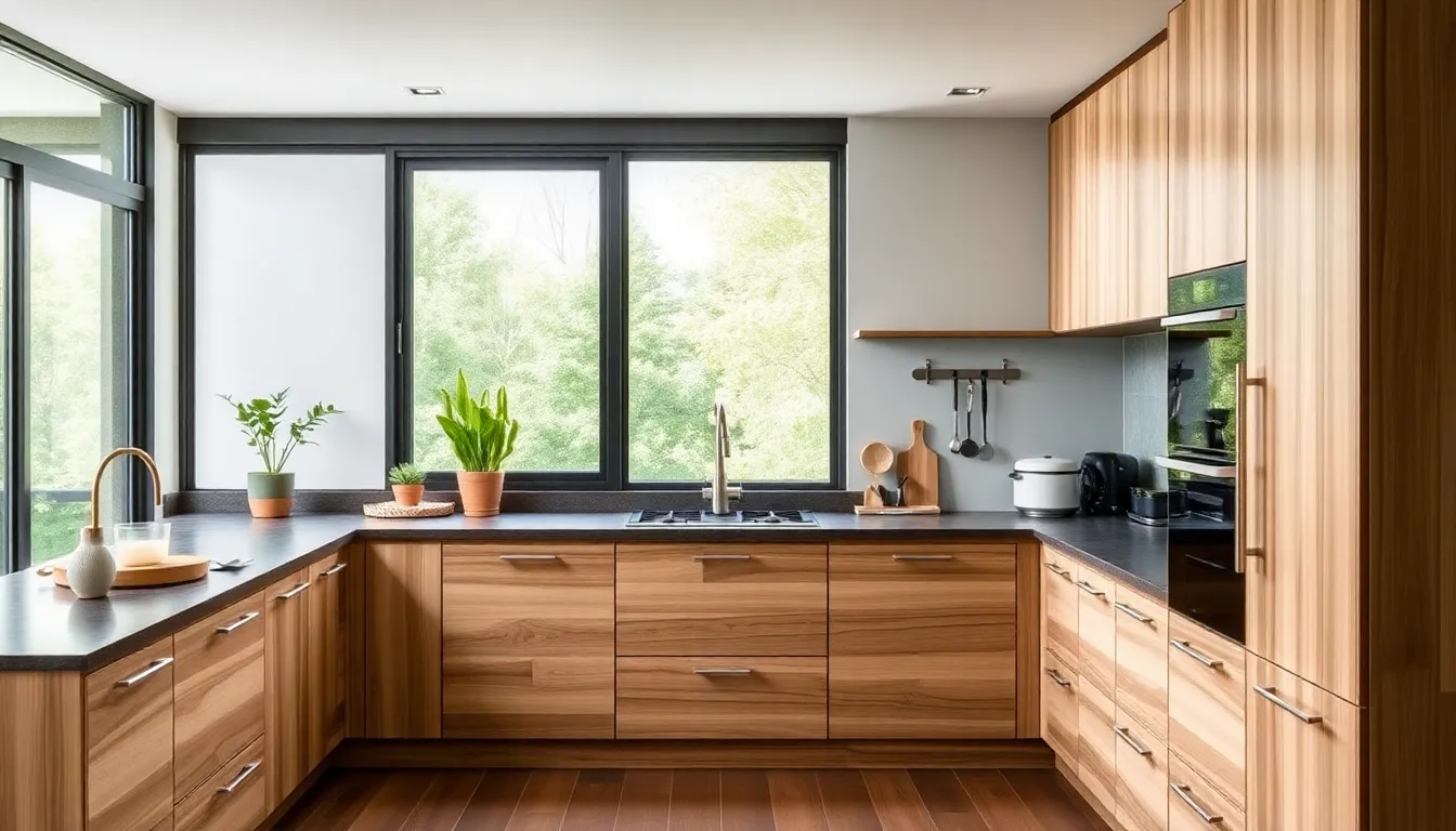 modern kitchen with eco-friendly cabinets and sustainable materials.