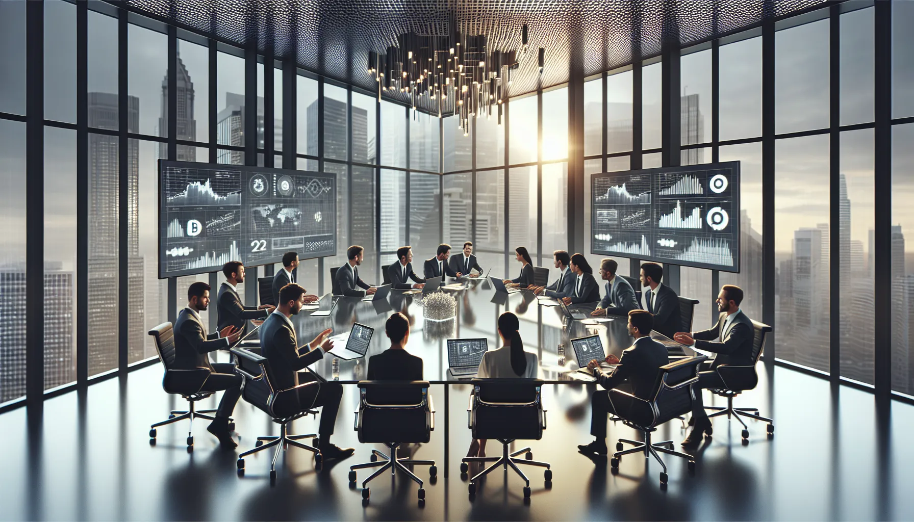 diverse finance team collaborating on cryptocurrency analytics in a modern office.