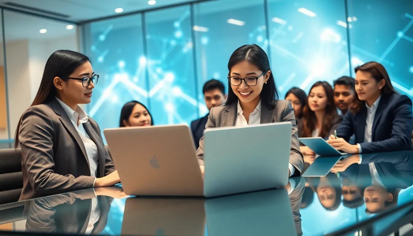 diverse team collaborating over Bitclassic technology in a modern office.