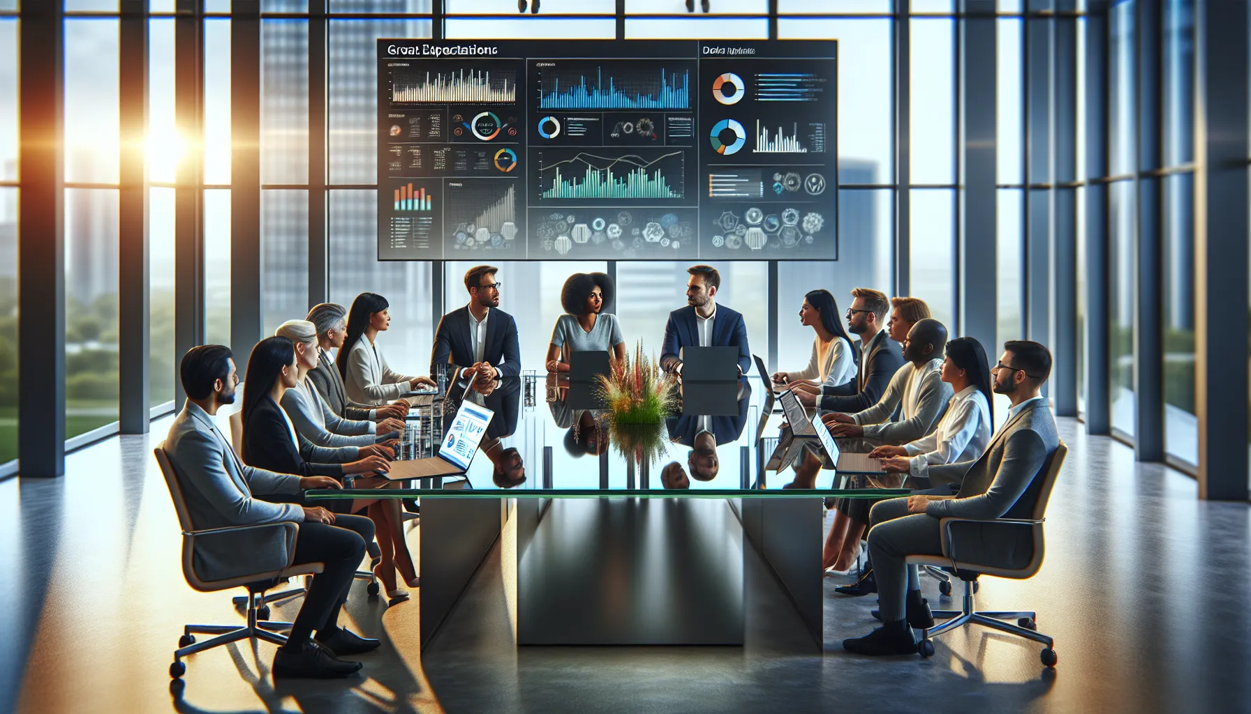 diverse team discussing data management in a modern office.