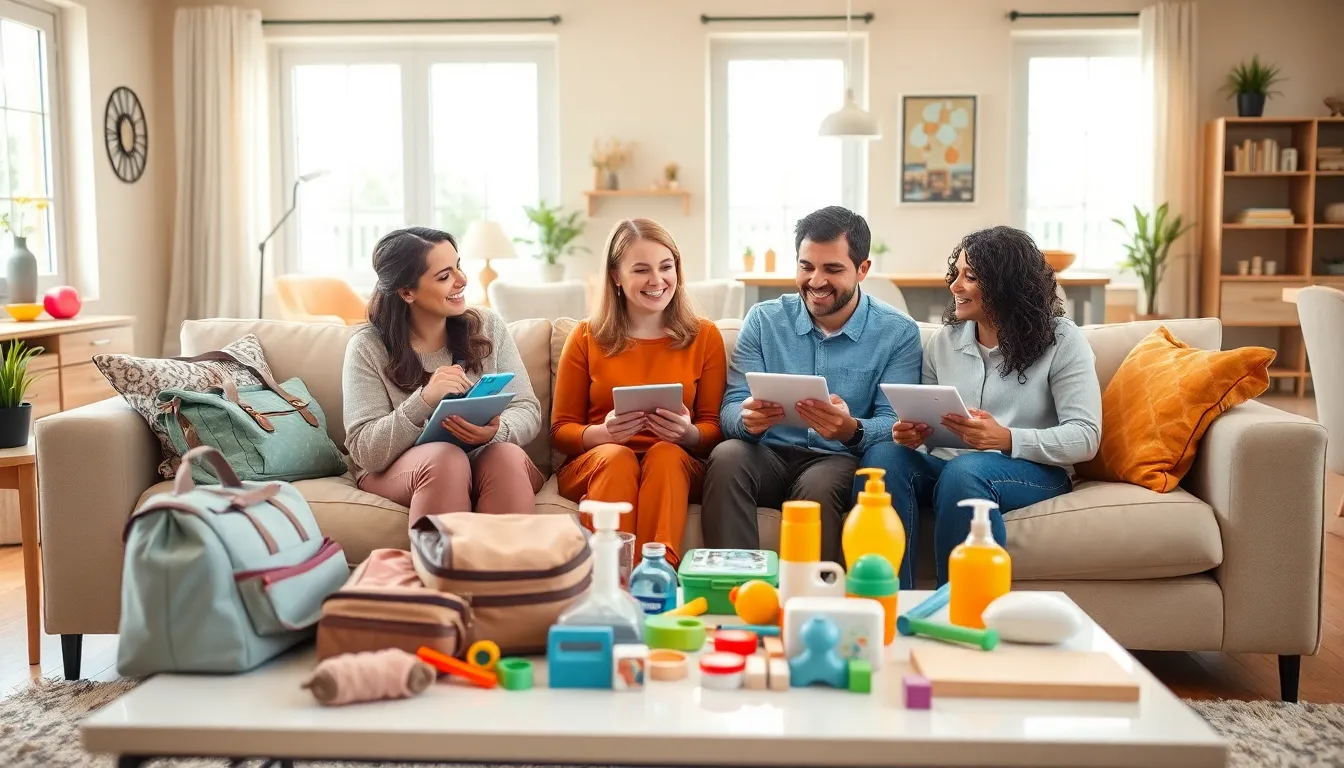 diverse group of parents sharing creative parenting hacks in a cozy living room.