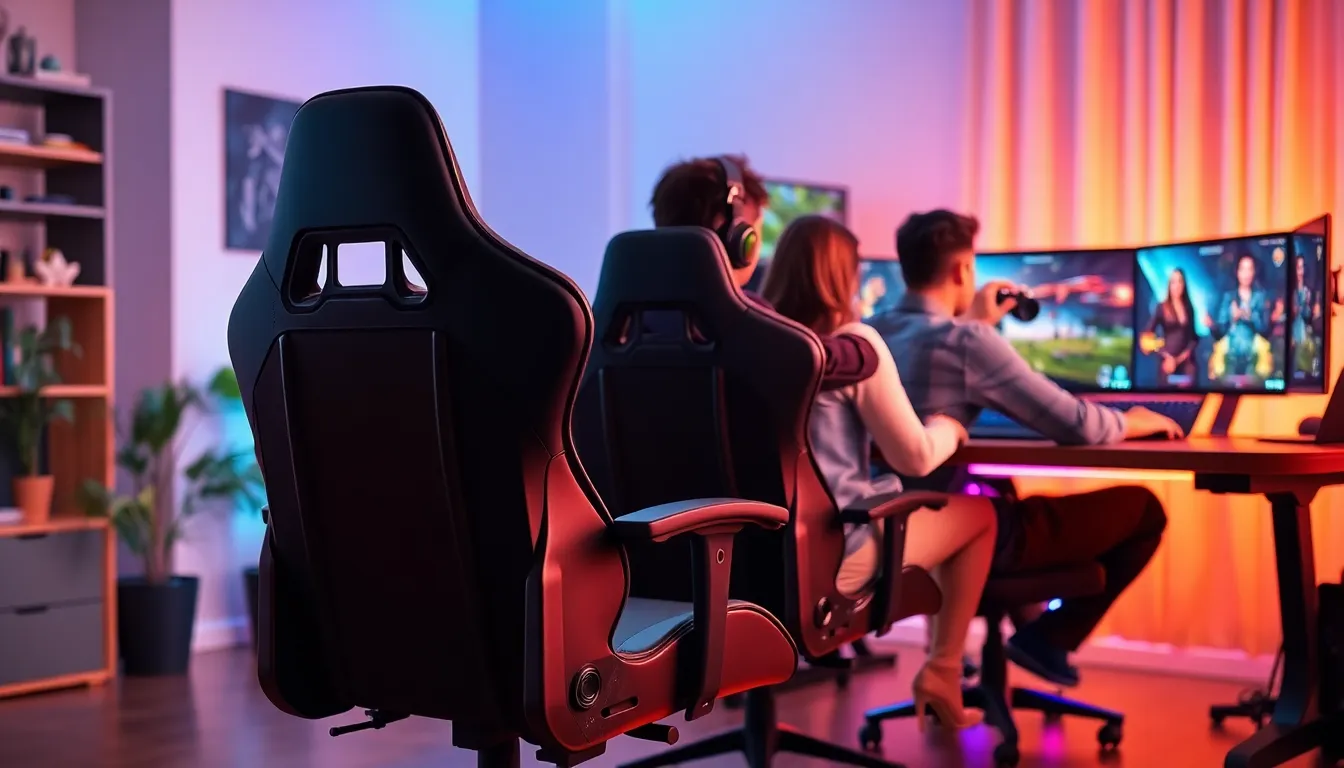 three gamers using a Hoffree gaming chair in a modern setup.
