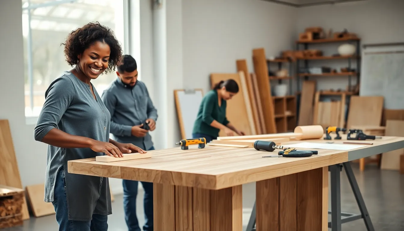 professionals working on wood DIY projects in a modern workshop