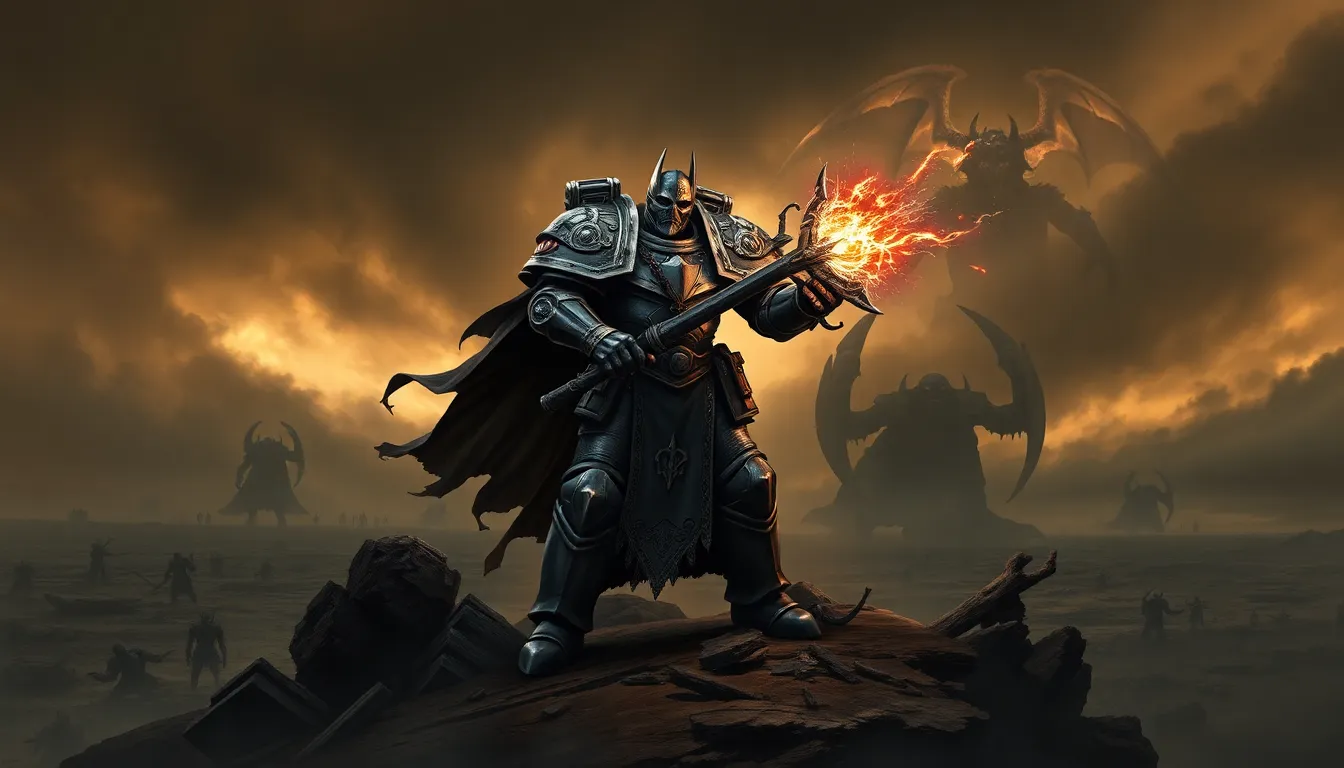 A Daemonhunter warrior from Warhammer 40,000 in a desolate battlefield.