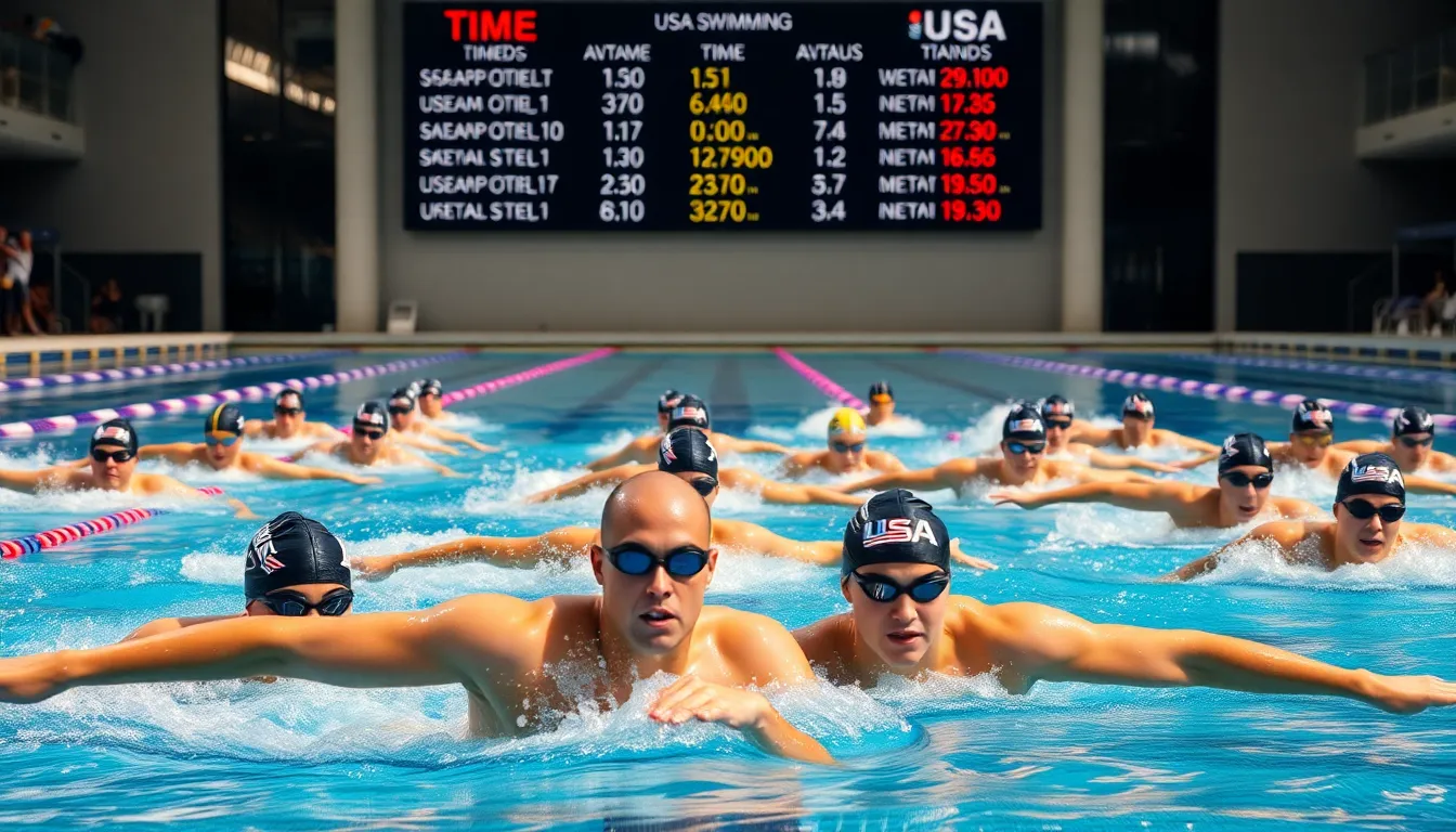 swimmers competing in a pool with digital time standards displayed.
