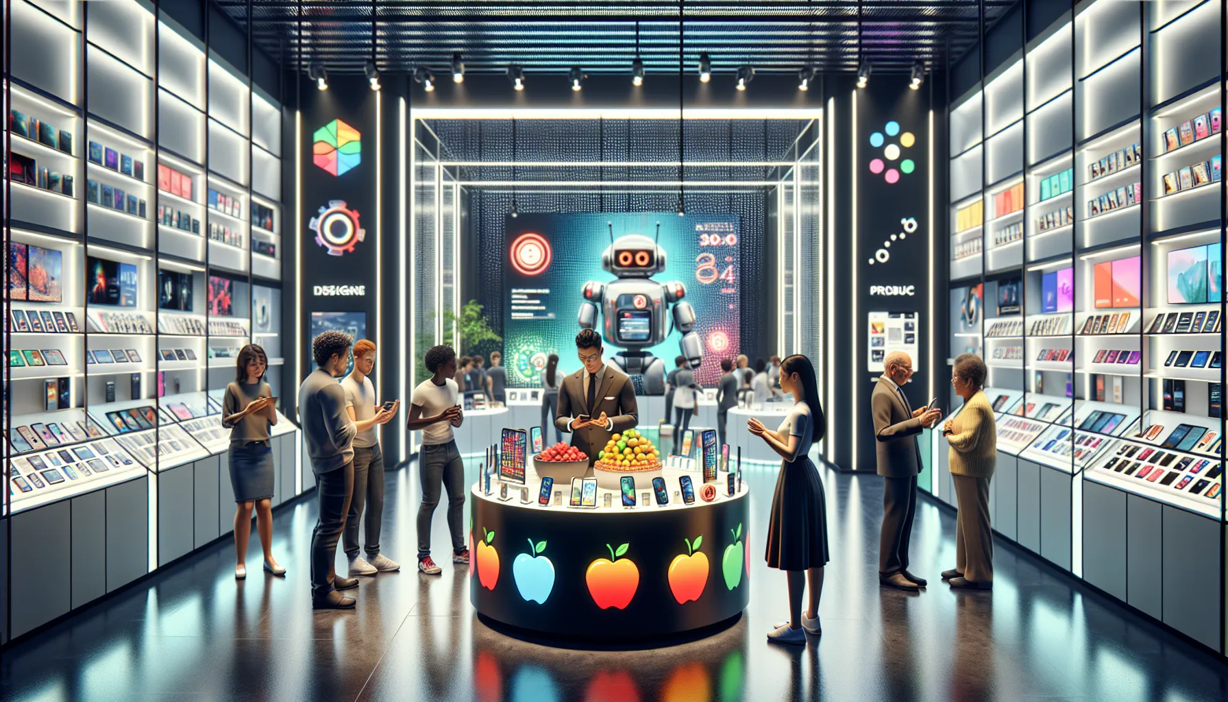 A technology store with Apple and Android product displays and customers engaging.