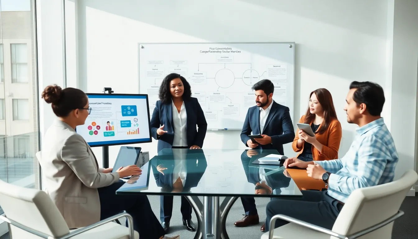 diverse team collaborating in a modern conference room.