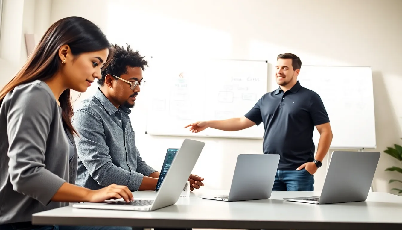 diverse team collaborating on Java code in a modern office.