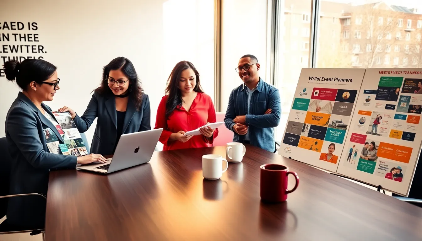 a group of diverse event planners collaborating in a modern office.