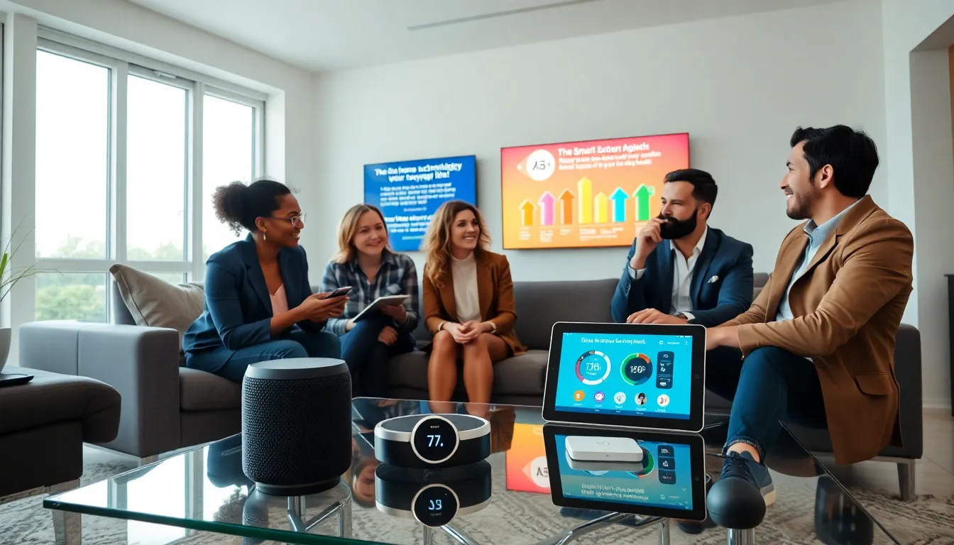 professionals discussing smart tech products in a modern living room.