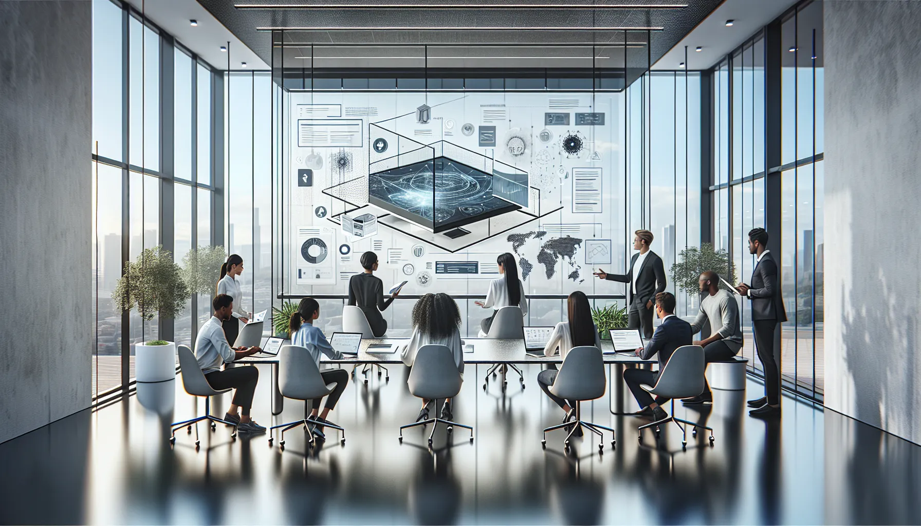 diverse team collaborating on a digital platform in a modern office.
