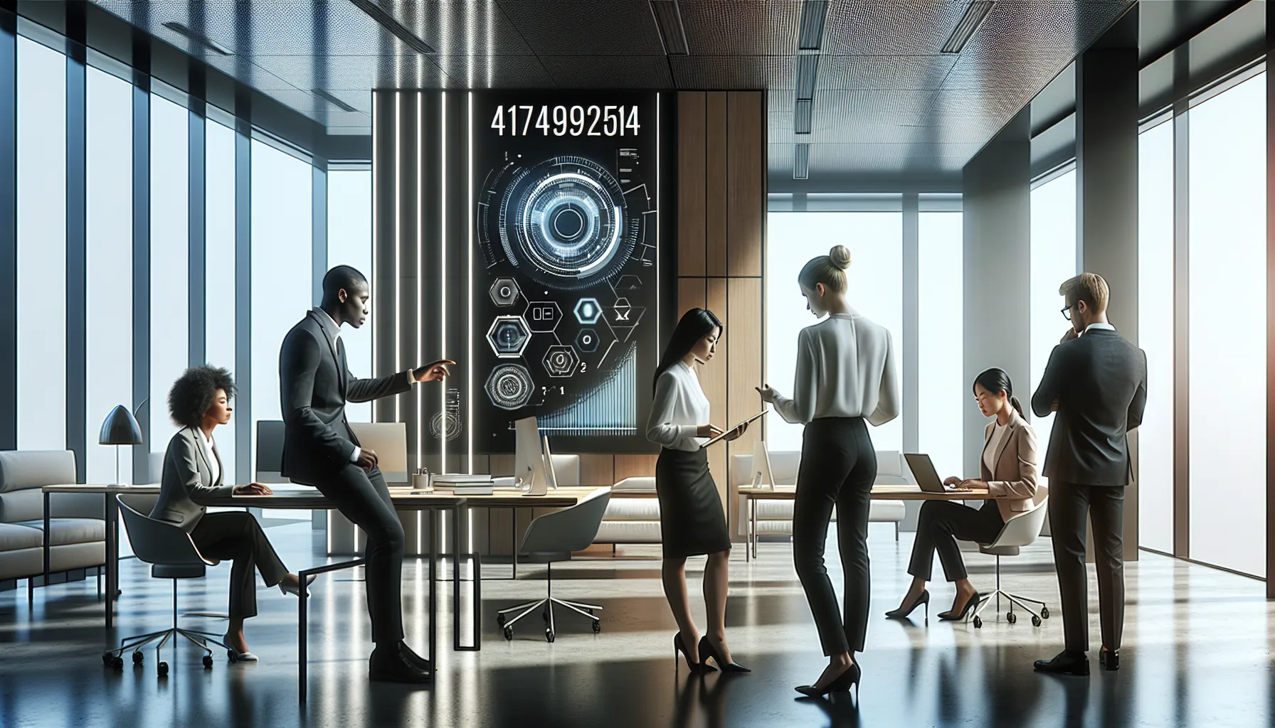 Diverse team discussing the significance of the number 4174992514 in a modern office.