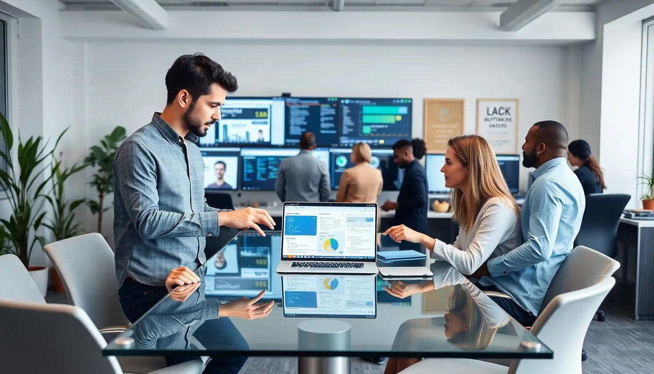 diverse team collaborating in a modern office on software development and operations.