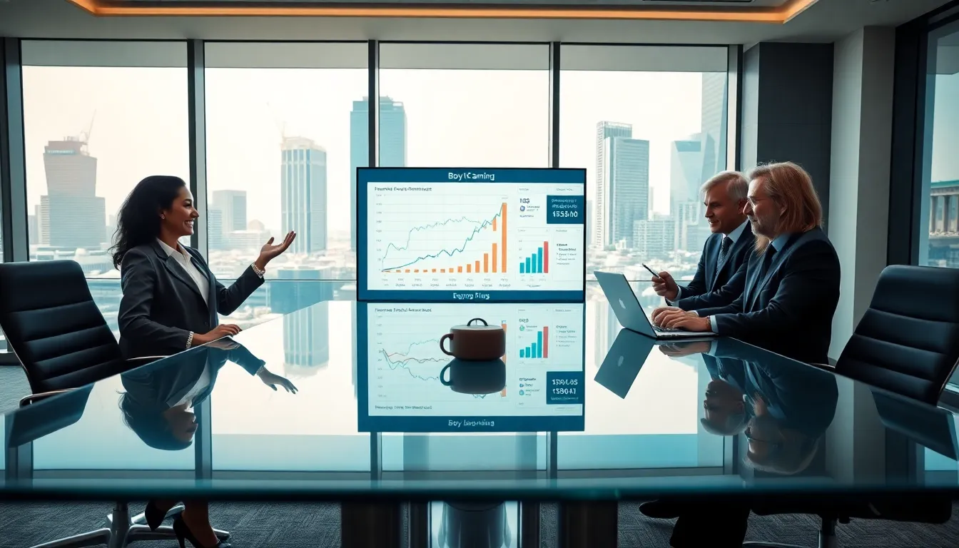 diverse team discussing financial reports in a modern office.