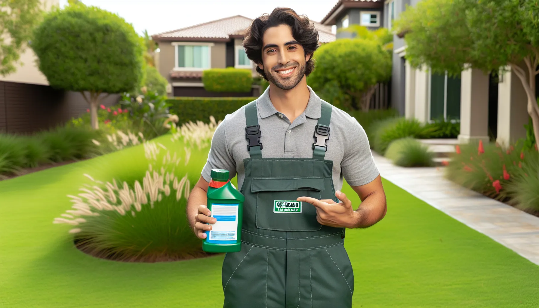 lawn care technician demonstrating Lescohid herbicide on a lush green lawn.