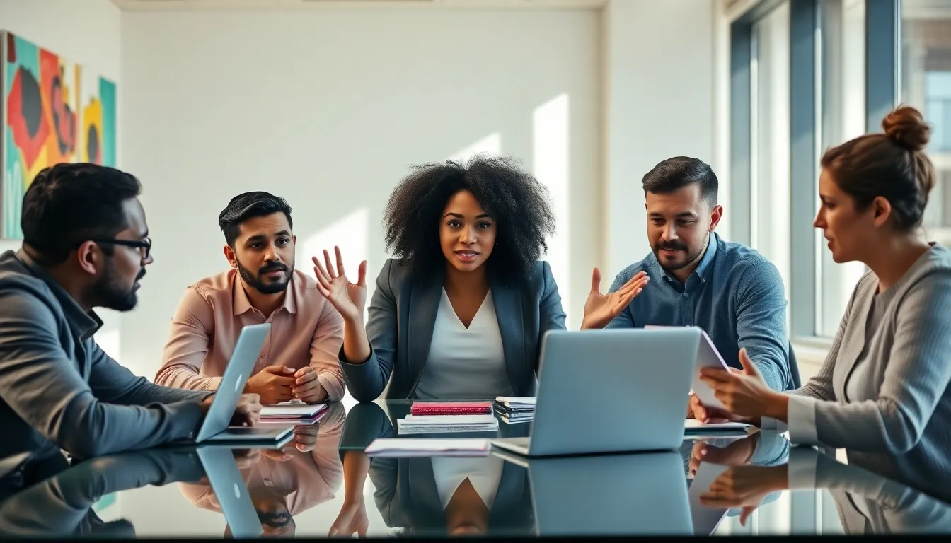 diverse professionals collaborating in a modern office setting.