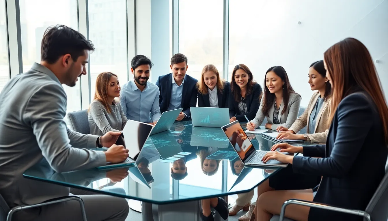 diverse professionals collaborating on technology solutions in a modern office.