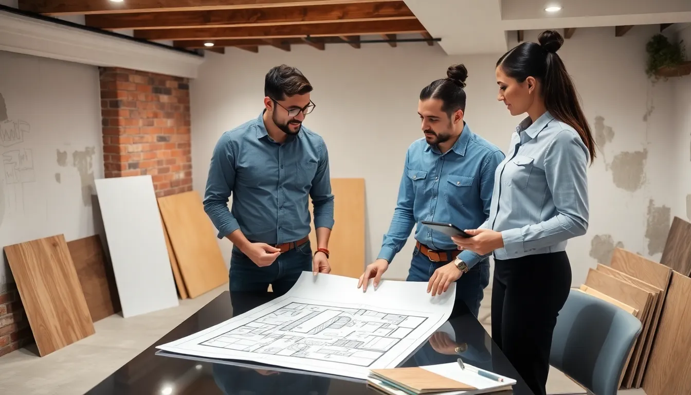 contractors discussing basement renovation plans in a modern workspace.