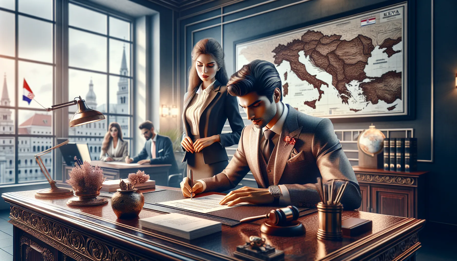 Two professionals signing real estate documents in a modern Croatian office setting.